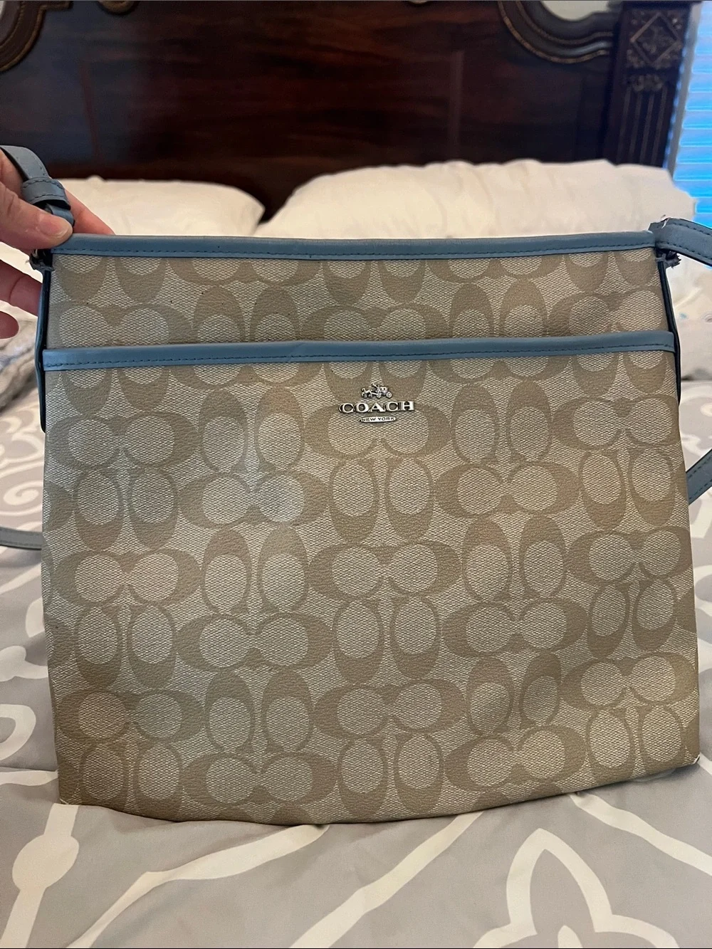 COACH File Crossbody Signature Coated Canvas Khaki Cornflower Blue 2017